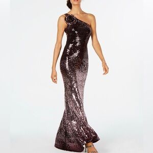 Vince Camuto sequin gown sparkling dress train ombré flower one shoulder floral
